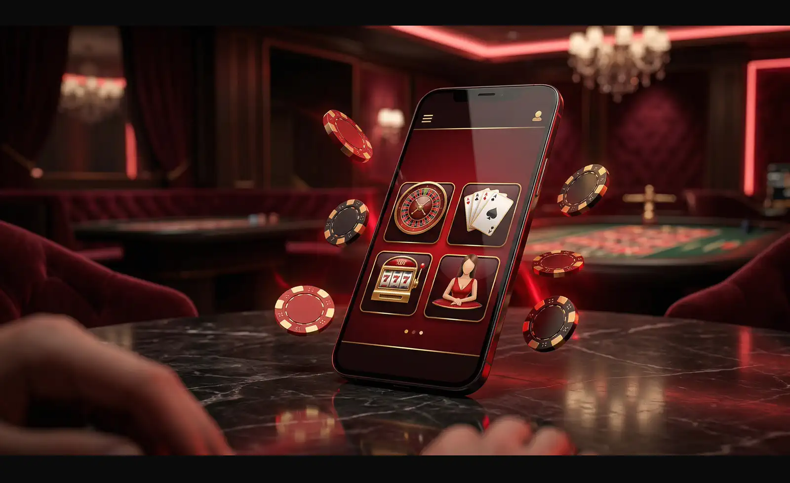 Rolla Casino mobile app image on smartphone with floating chips