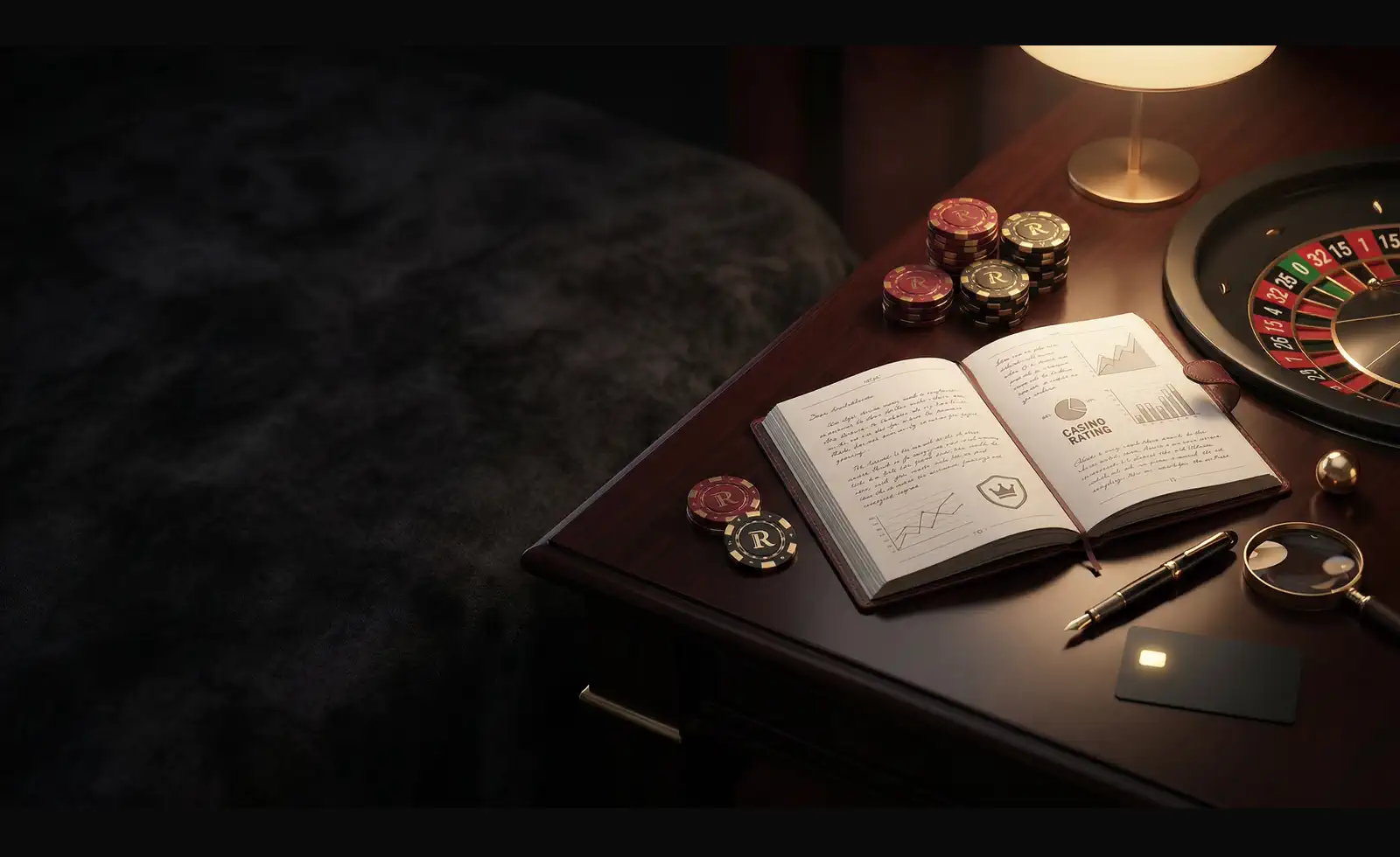 Rolla Casino review desk image with notebook, chips and roulette table