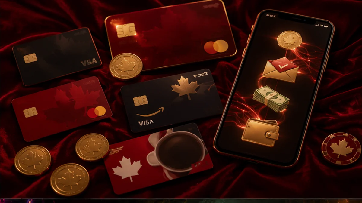 Canadian bank cards, gift cards, gold sweepstakes coins and payment app on red velvet
