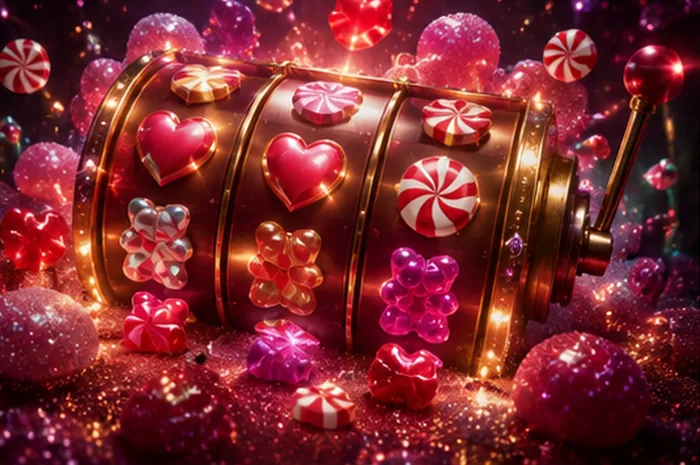 Sugar Rush candy slot reels with pink gummy clusters and glowing hearts