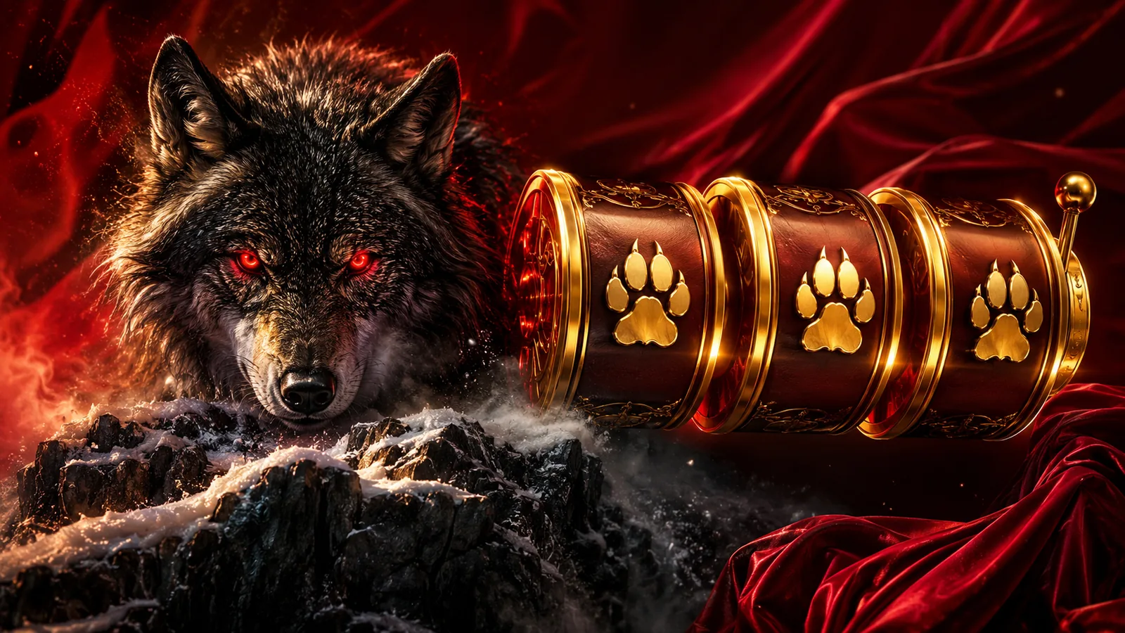 Wolf Strike premium slot art with fierce wolf and golden reels